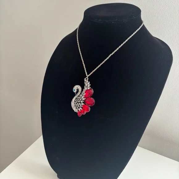 Silver Swan Pendant Necklace with Red Crystal Accents - Picture 6 of 9